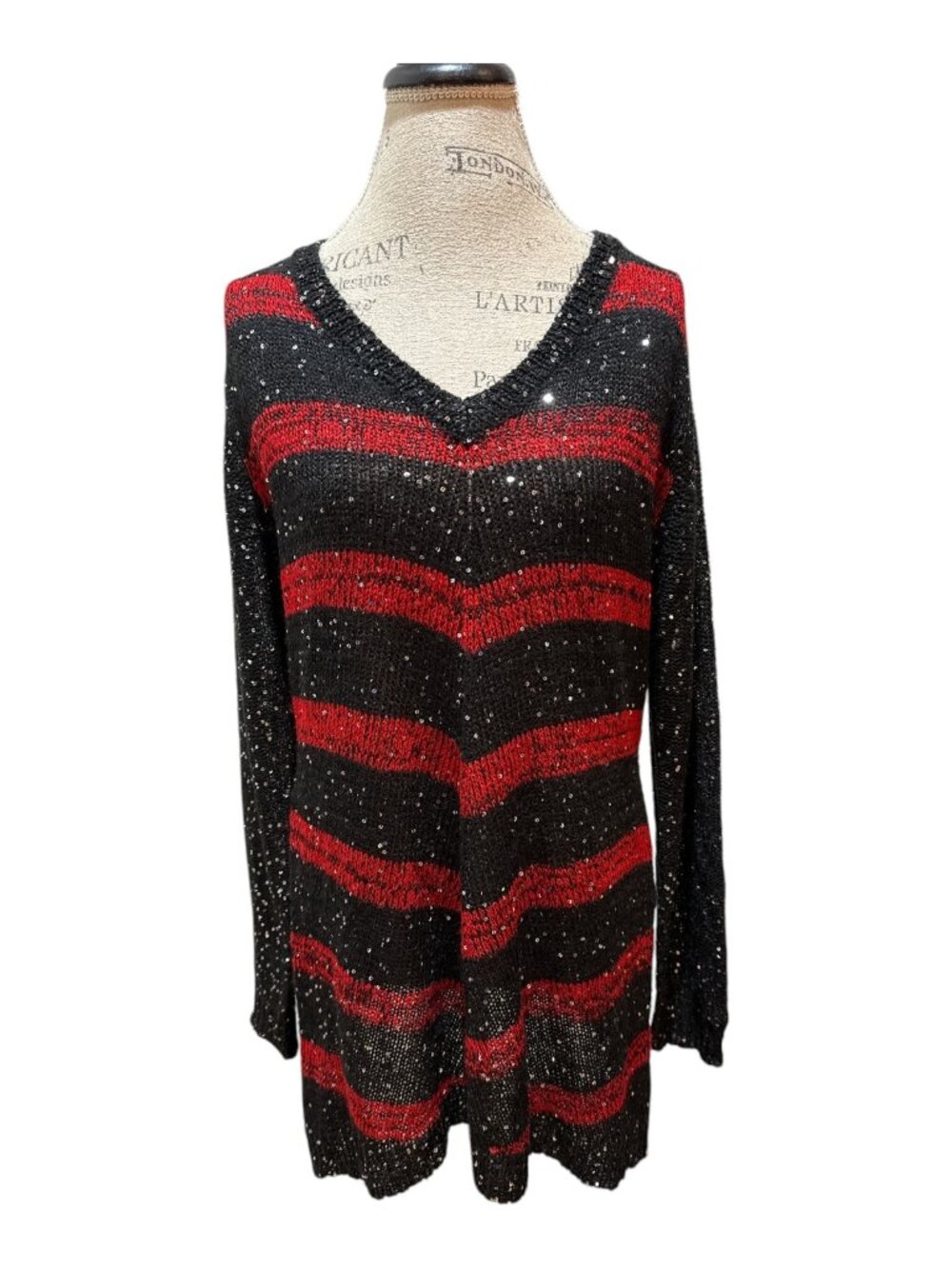 Como Black Sz XL Red & Black Sequin Sparkle V-Neck Knit Tunic Sweater Top - NEW